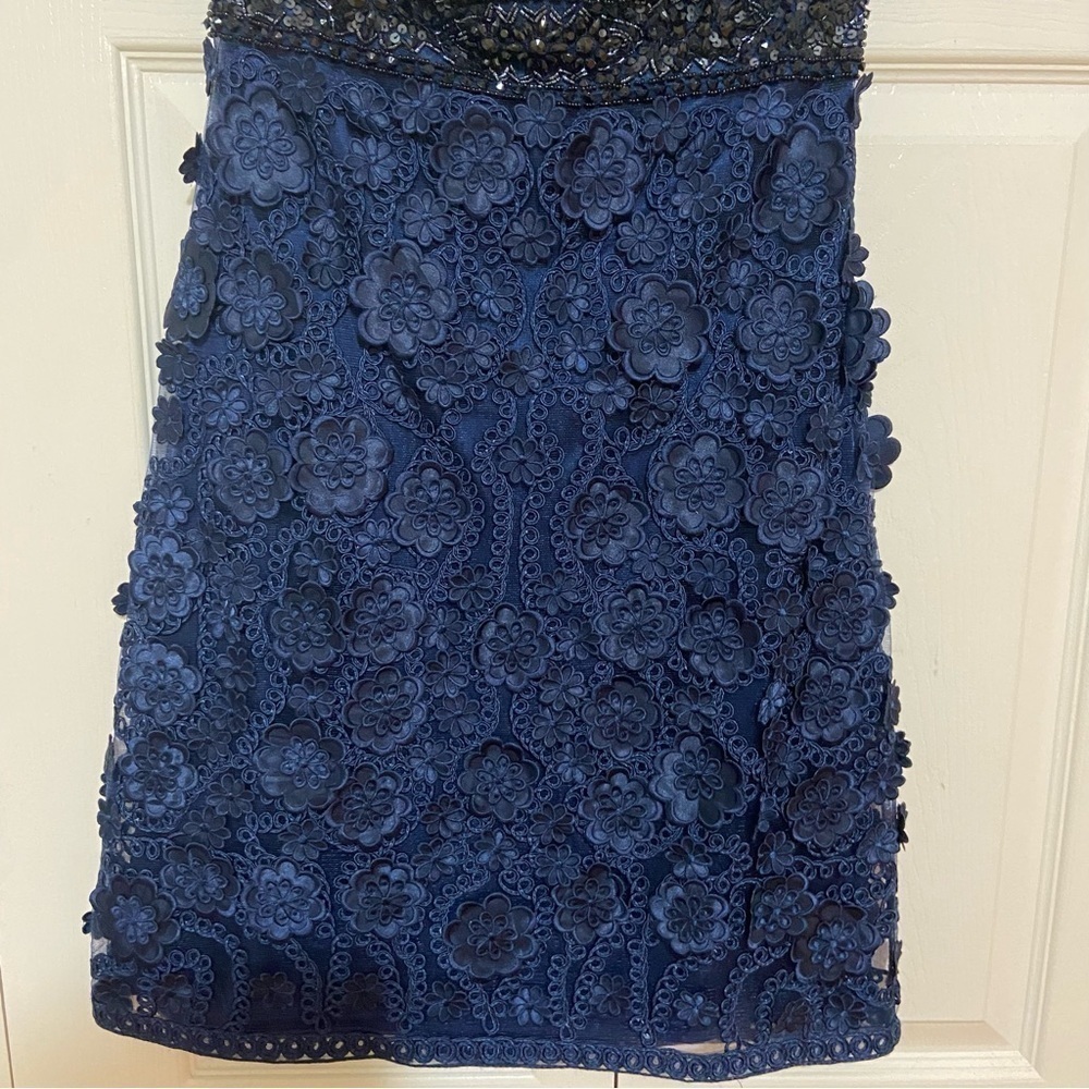 Sue Wong Beaded Embroidered Floral Strapless Navy Blue Mini Dress Size 4 - Picture 8 of 14